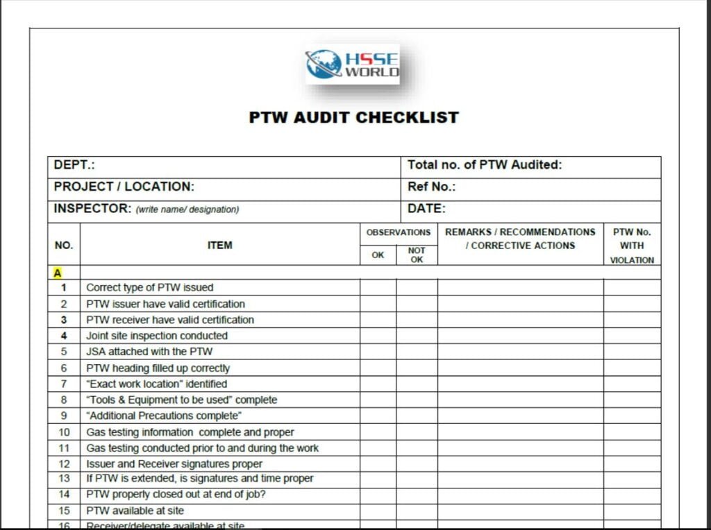 Ptw Sample Permit to Work (PTW ) AUDIT CHECKLIST