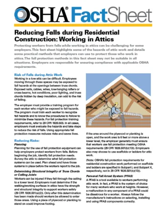 OSHA Quick Card: Reducing Falls During Residential Construction: working in Attics