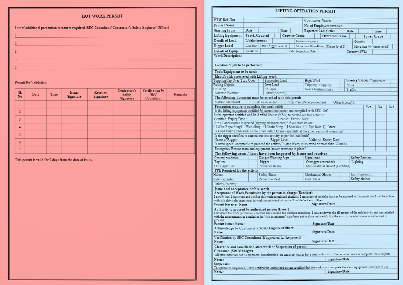 Permit to work forms